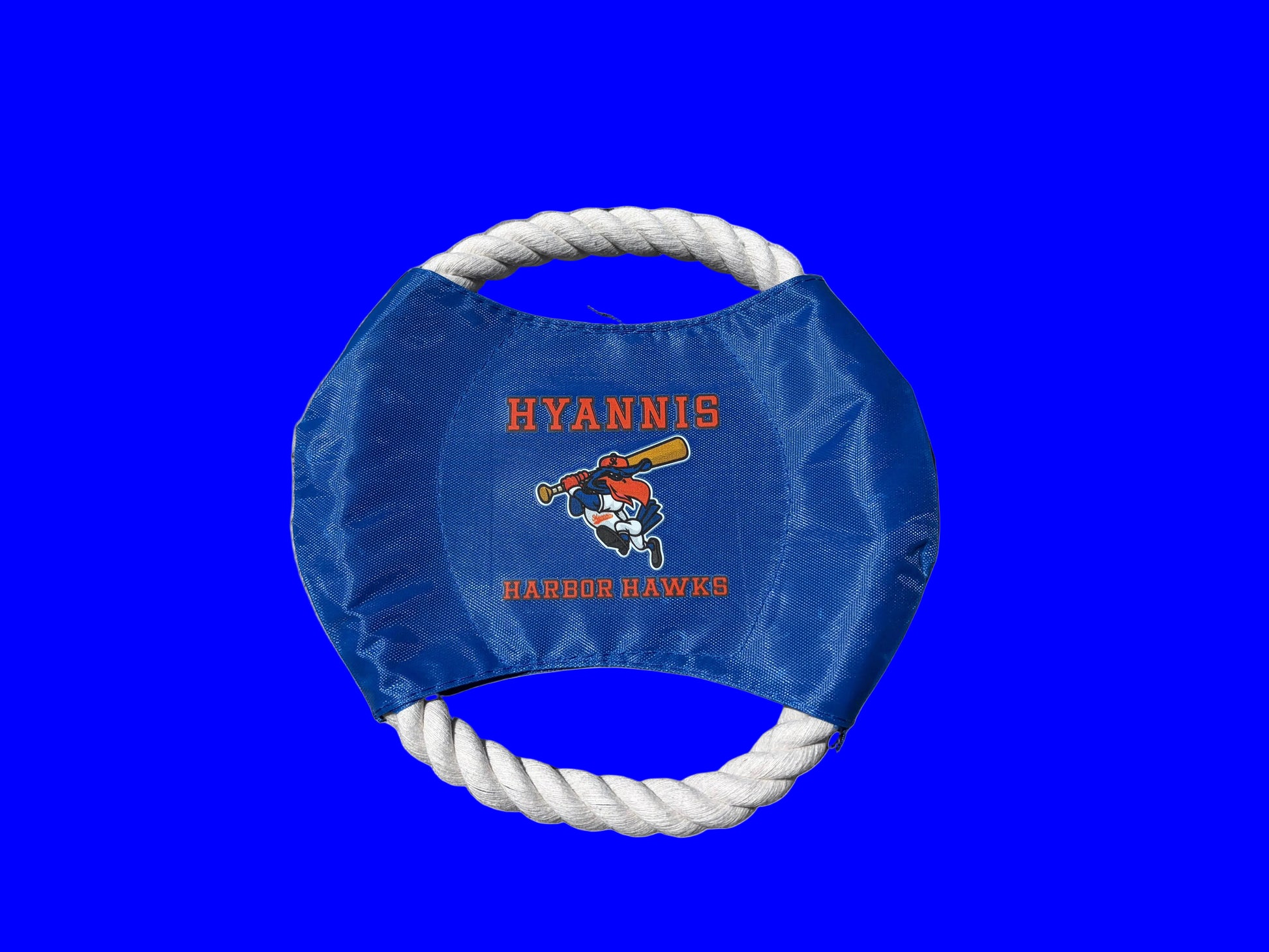 Blue frisbee with white rope handle and 'Hyannis Harbor Hawks' logo on a wooden surface